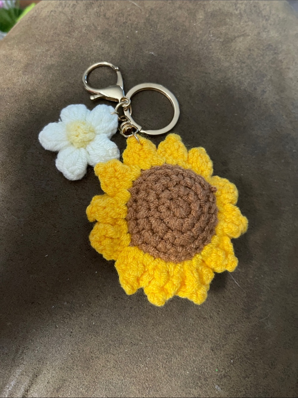 Handmade Yellow Sunflower Crochet Keychain with White Flower Charm